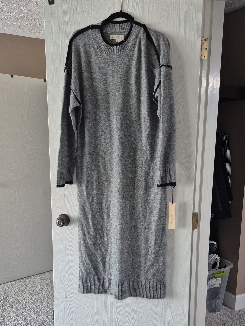 Grey Knit Long Sweater Dress with Black Trim